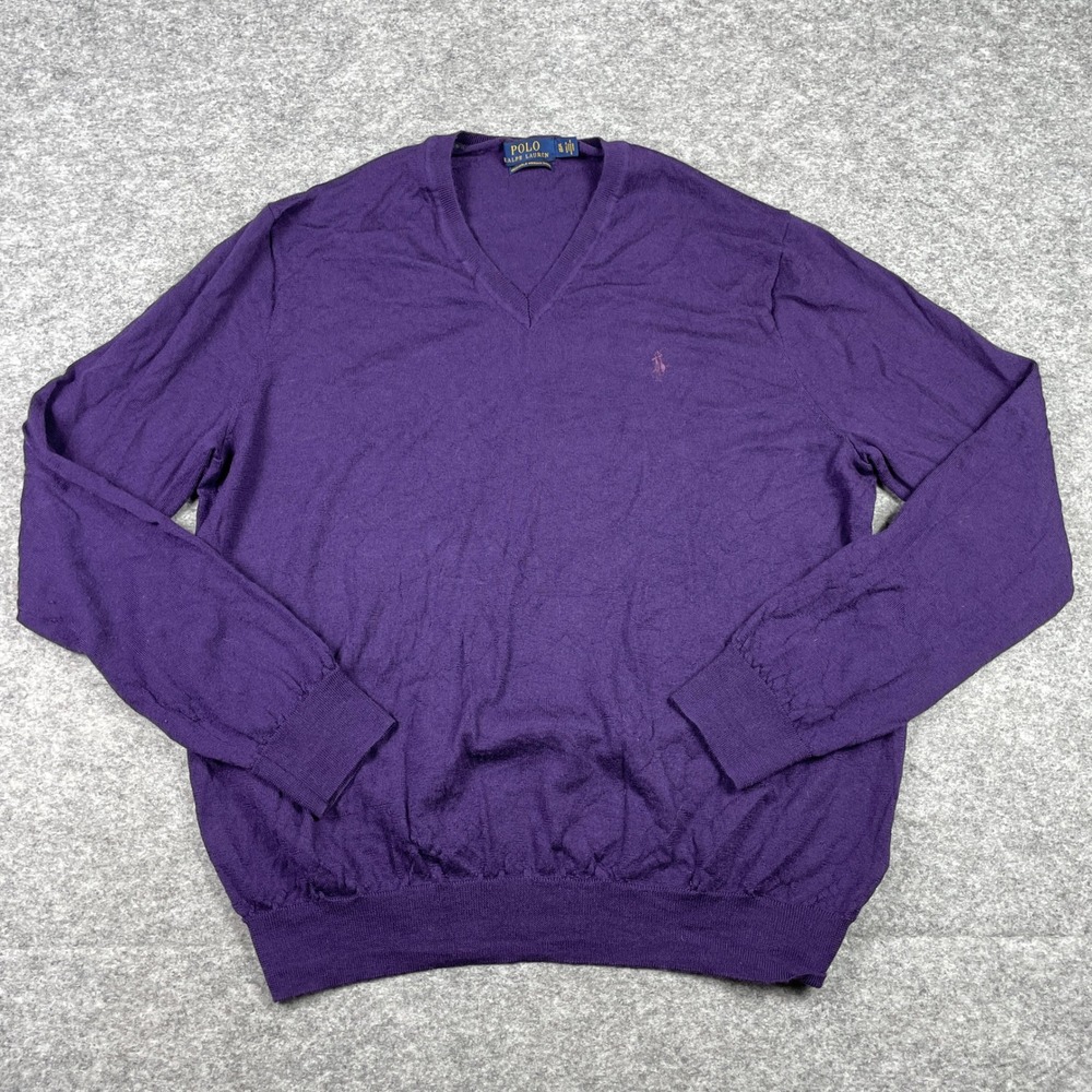 Polo Ralph Lauren Sweater Mens XL Purple Washable Merino Wool V-Neck Pullover